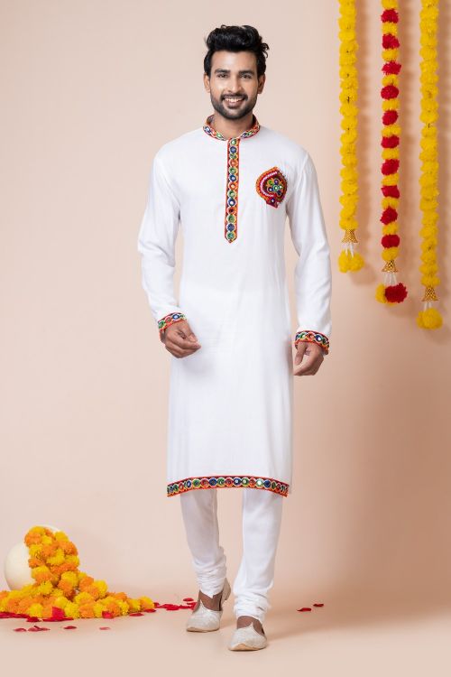 Picture of Grand Rayon White Navratri Readymade Kurta Pajama
