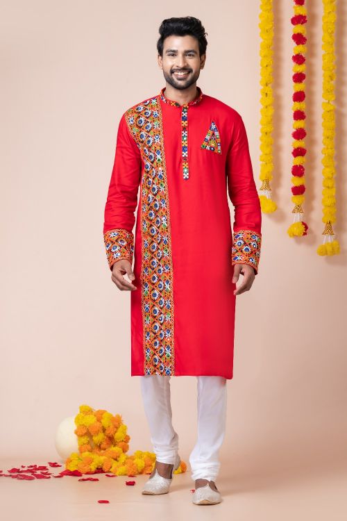 Picture of Splendid Rayon Red Navratri Readymade Kurta Pajama