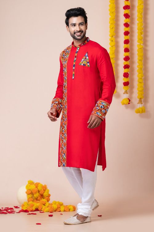 Picture of Splendid Rayon Red Navratri Readymade Kurta Pajama