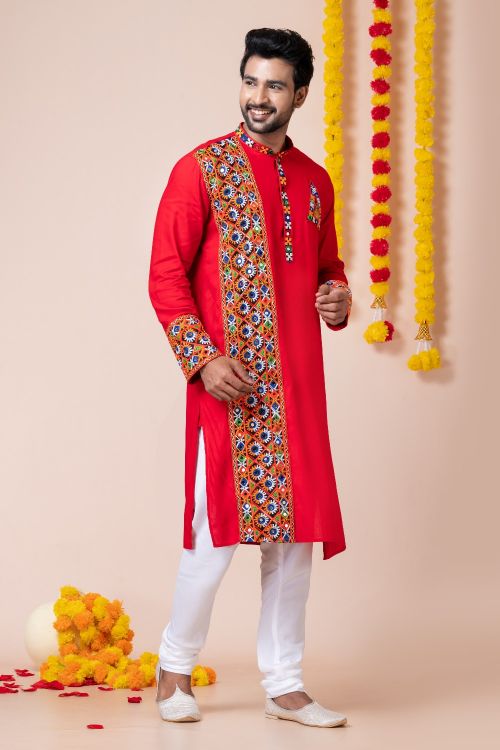 Picture of Splendid Rayon Red Navratri Readymade Kurta Pajama