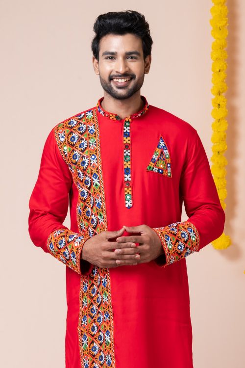 Picture of Splendid Rayon Red Navratri Readymade Kurta Pajama