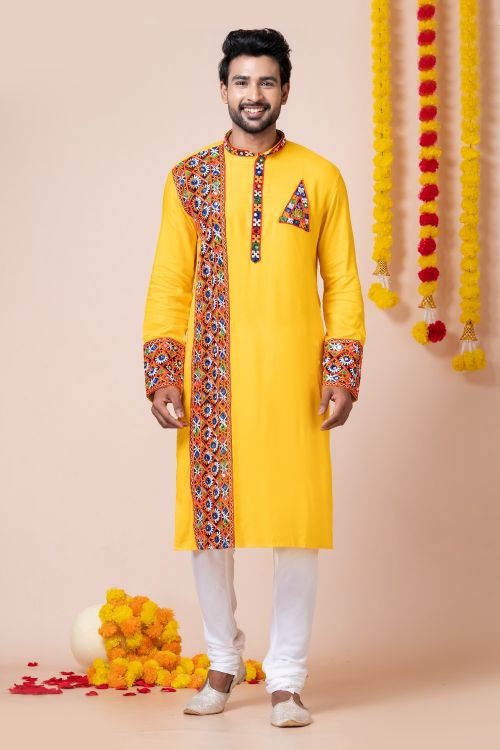 Picture of Pleasing Rayon Yellow Navratri Readymade Kurta Pajama