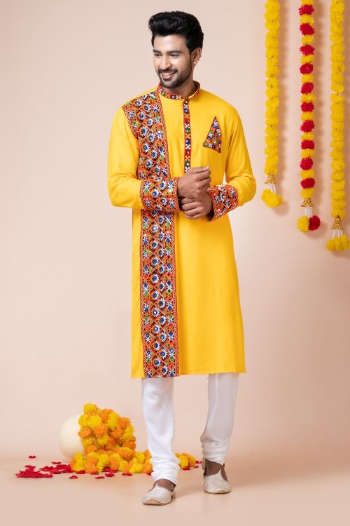 Picture of Pleasing Rayon Yellow Navratri Readymade Kurta Pajama