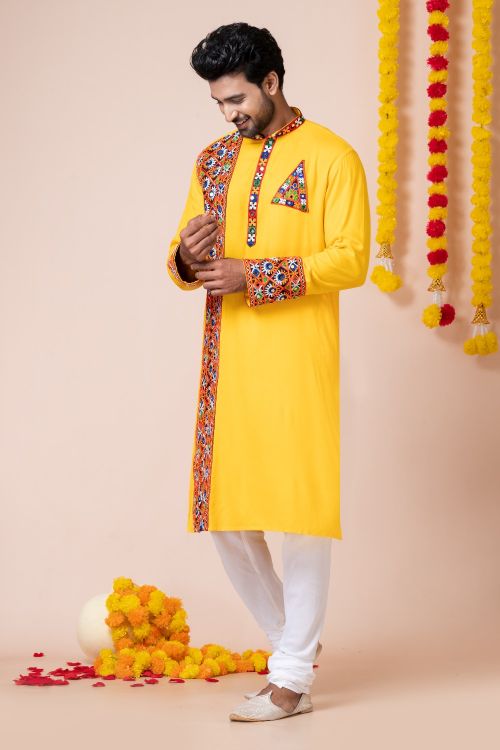 Picture of Pleasing Rayon Yellow Navratri Readymade Kurta Pajama