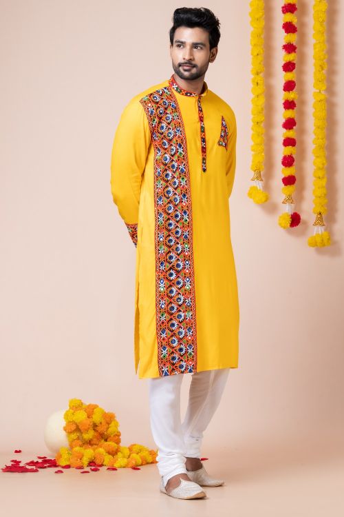 Picture of Pleasing Rayon Yellow Navratri Readymade Kurta Pajama