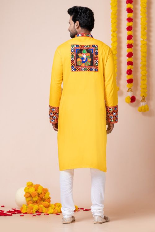 Picture of Pleasing Rayon Yellow Navratri Readymade Kurta Pajama