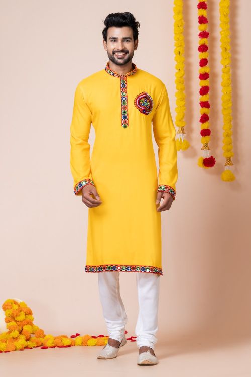 Picture of Excellent Rayon Yellow Navratri Readymade Kurta Pajama