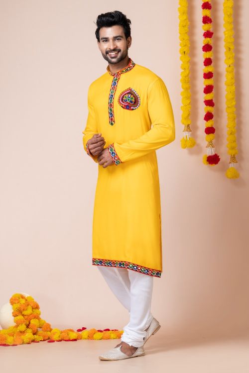 Picture of Excellent Rayon Yellow Navratri Readymade Kurta Pajama