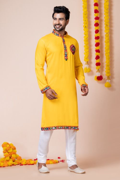 Picture of Excellent Rayon Yellow Navratri Readymade Kurta Pajama