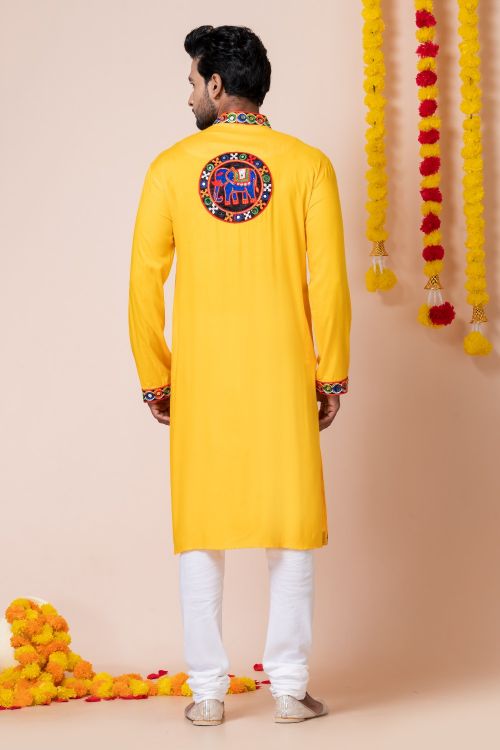 Picture of Excellent Rayon Yellow Navratri Readymade Kurta Pajama