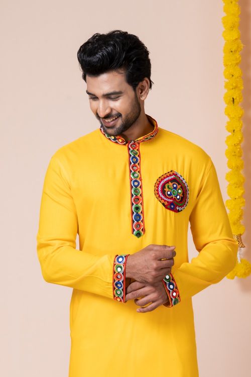 Picture of Excellent Rayon Yellow Navratri Readymade Kurta Pajama