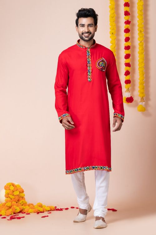 Picture of Ideal Rayon Red Navratri Readymade Kurta Pajama