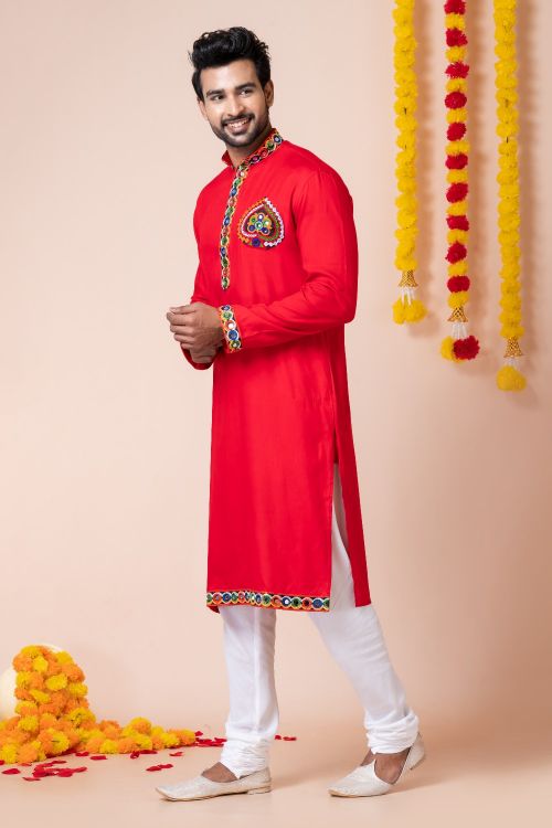 Picture of Ideal Rayon Red Navratri Readymade Kurta Pajama