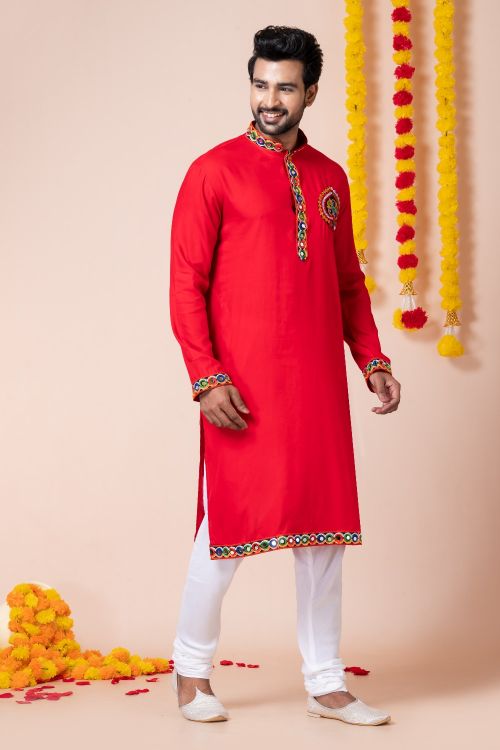 Picture of Ideal Rayon Red Navratri Readymade Kurta Pajama