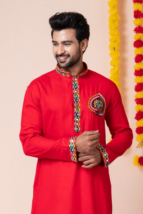 Picture of Ideal Rayon Red Navratri Readymade Kurta Pajama