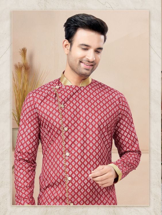 Picture of Sightly Cotton Printed Maroon Readymade Indo Western