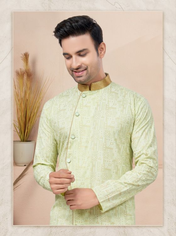 Picture of Excellent Cotton Printed Light Green Readymade Indo Western
