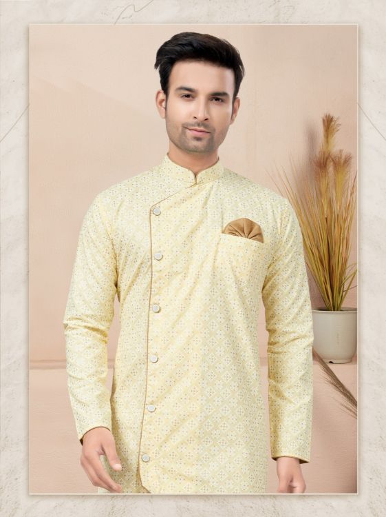 Picture of Superb Cotton Printed Light Gold Readymade Indo Western