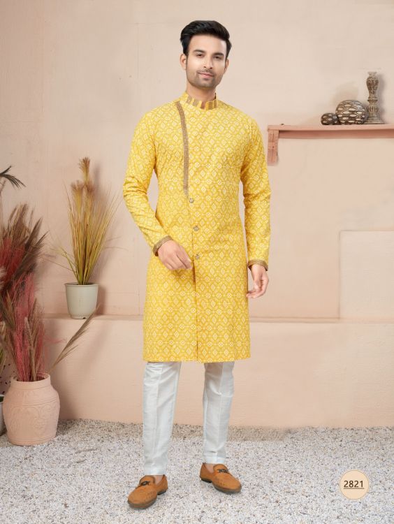 Picture of Grand Cotton Printed Yellow Readymade Indo Western