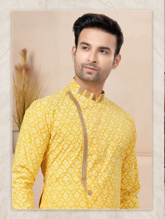 Picture of Grand Cotton Printed Yellow Readymade Indo Western