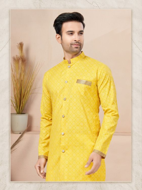 Picture of Admirable Cotton Printed Yellow Readymade Indo Western