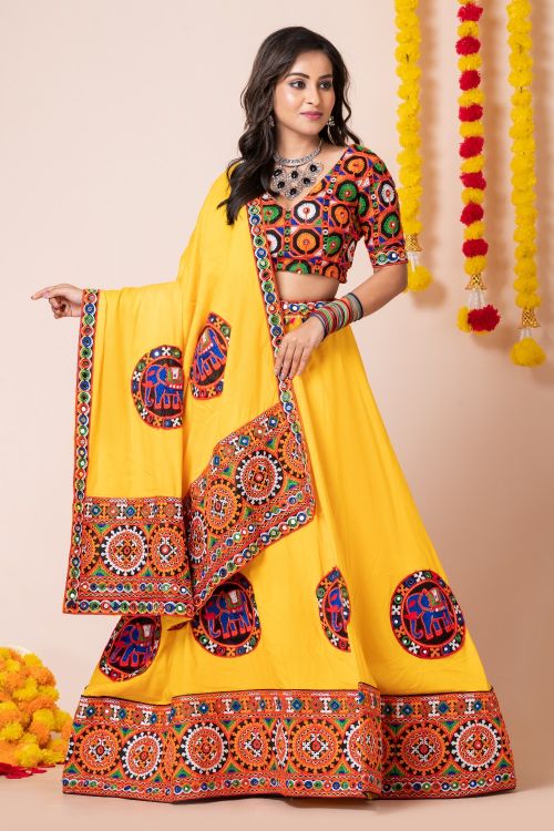 Picture of Navratri Special Classy Designer Heavy Rayon Yellow Lehenga Choli
