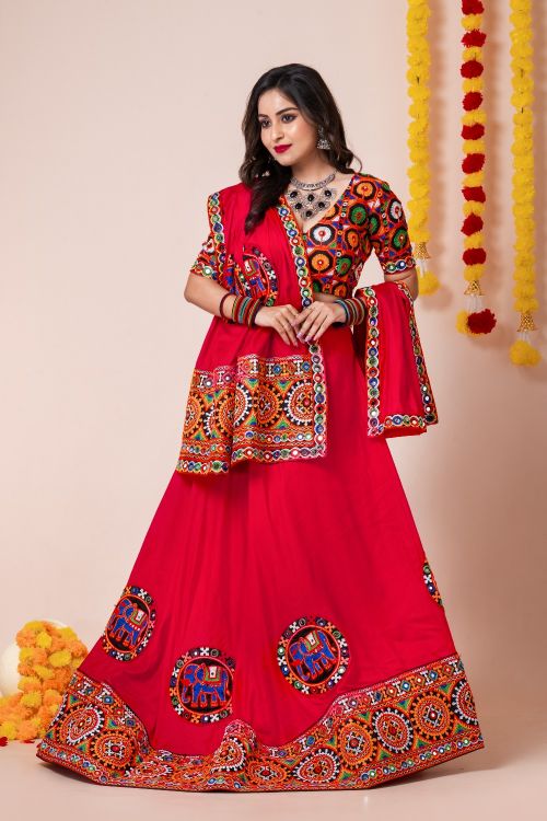Picture of Navratri Special Designer Heavy Rayon Red Lehenga Choli