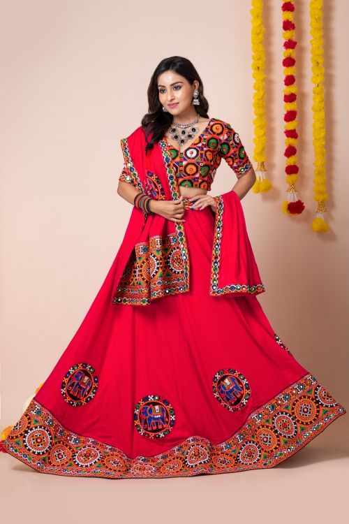Picture of Navratri Special Designer Heavy Rayon Red Lehenga Choli