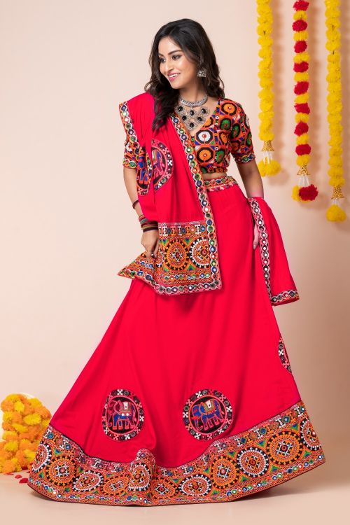 Picture of Navratri Special Designer Heavy Rayon Red Lehenga Choli