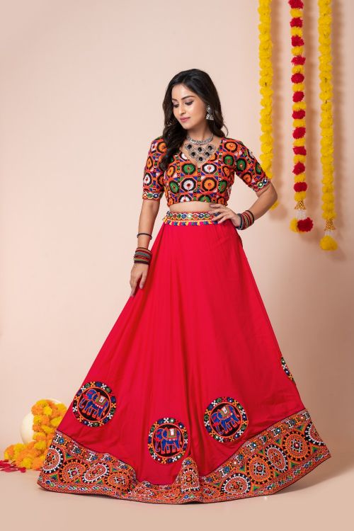 Picture of Navratri Special Designer Heavy Rayon Red Lehenga Choli