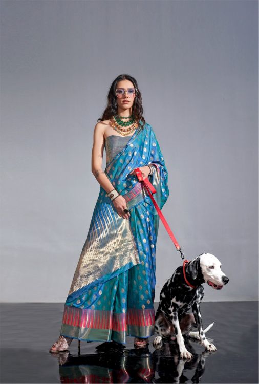 Picture of Marvelous Handwoven Weaving Silk Blue Saree