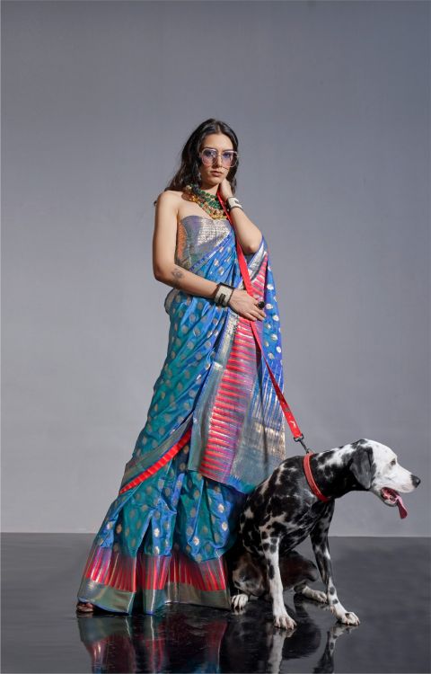 Picture of Marvelous Handwoven Weaving Silk Blue Saree