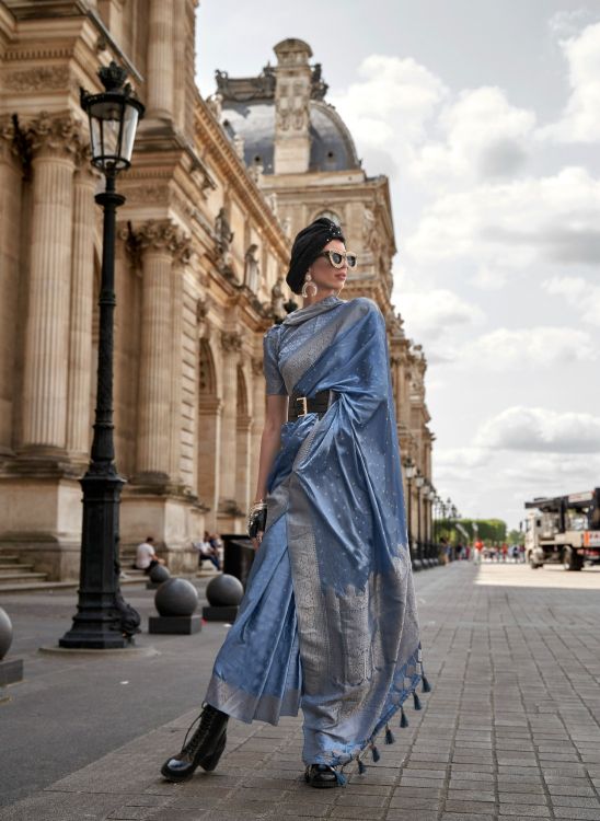 Picture of Amazing Satin Weaving Silk Blue Saree
