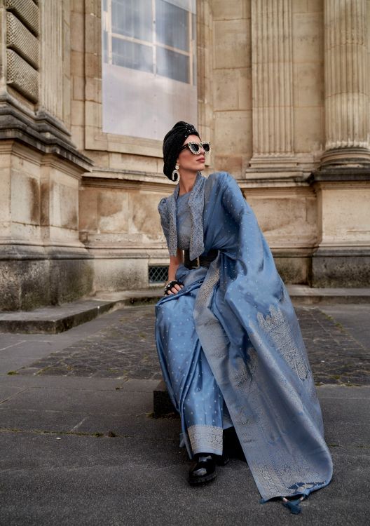 Picture of Amazing Satin Weaving Silk Blue Saree