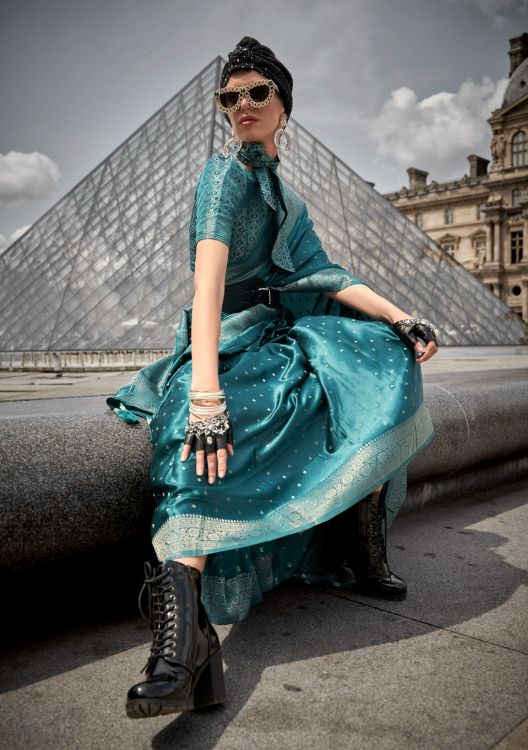 Picture of Exquisite Satin Weaving Silk Blue Saree