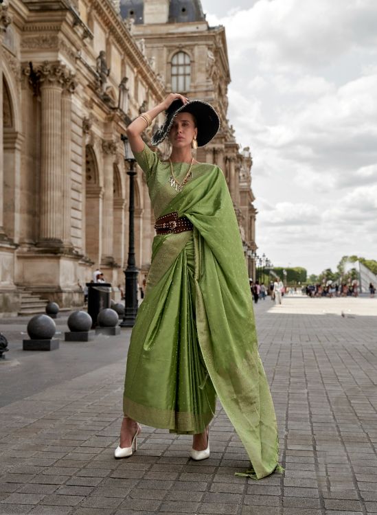 Picture of Fine Satin Weaving Silk Green Saree