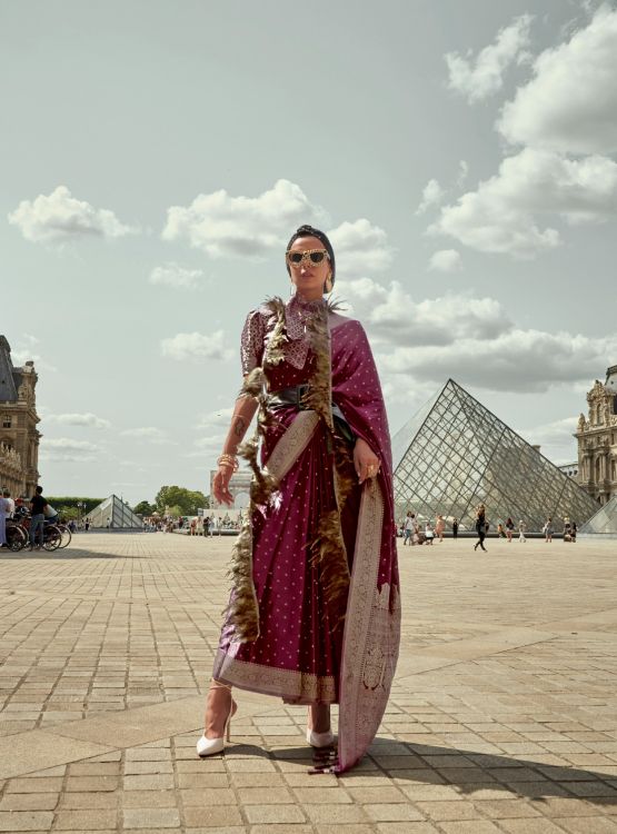 Picture of Well Formed Satin Weaving Silk Burgundy Saree