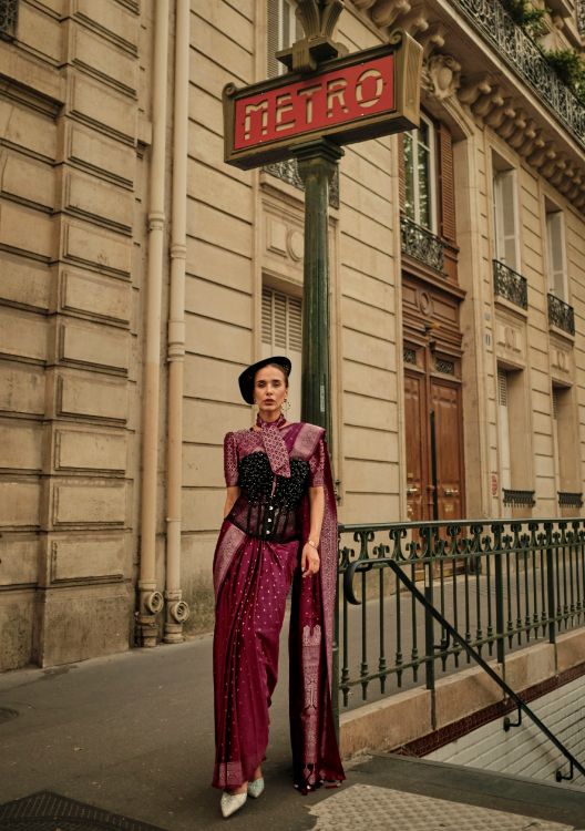 Picture of Well Formed Satin Weaving Silk Burgundy Saree