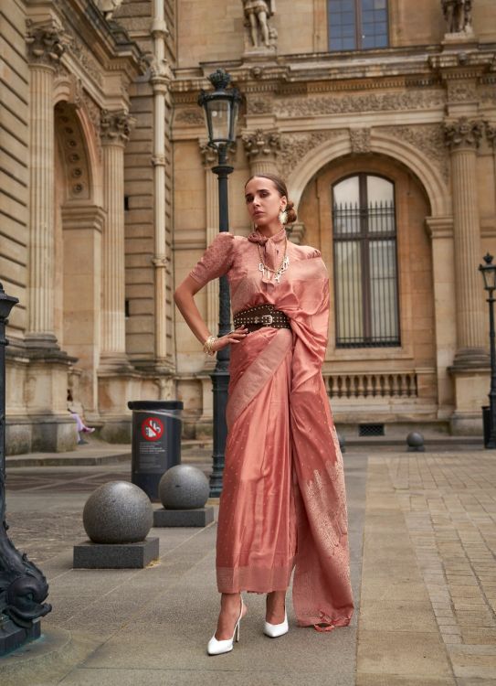 Picture of Nice Satin Weaving Silk Peach Puff Saree