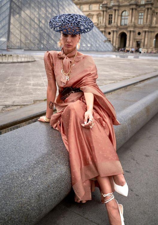 Picture of Nice Satin Weaving Silk Peach Puff Saree