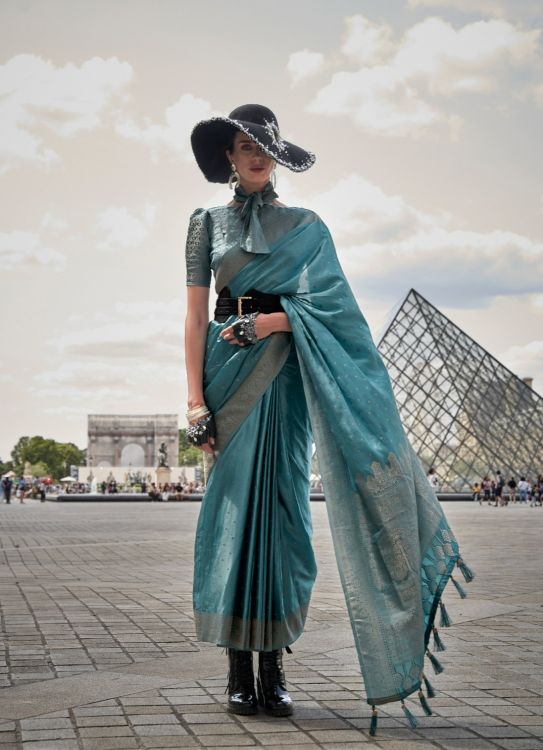 Picture of Grand Satin Weaving Silk Blue Saree