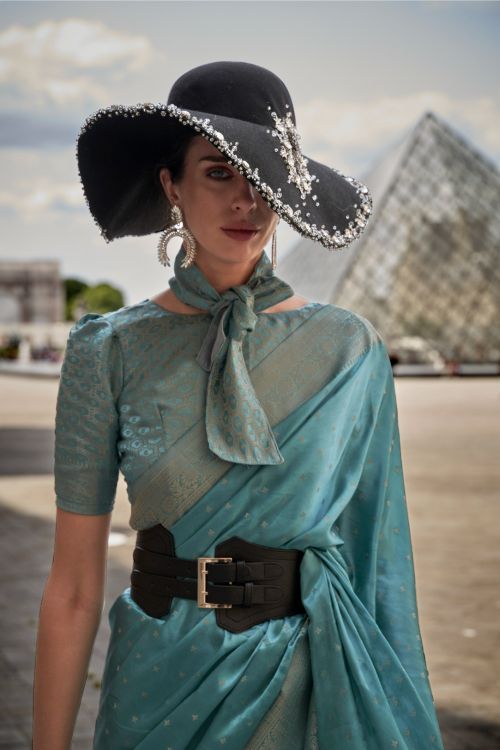 Picture of Grand Satin Weaving Silk Blue Saree