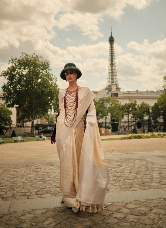 Picture of Fascinating Handloom Weaving Satin Silk Beige Saree