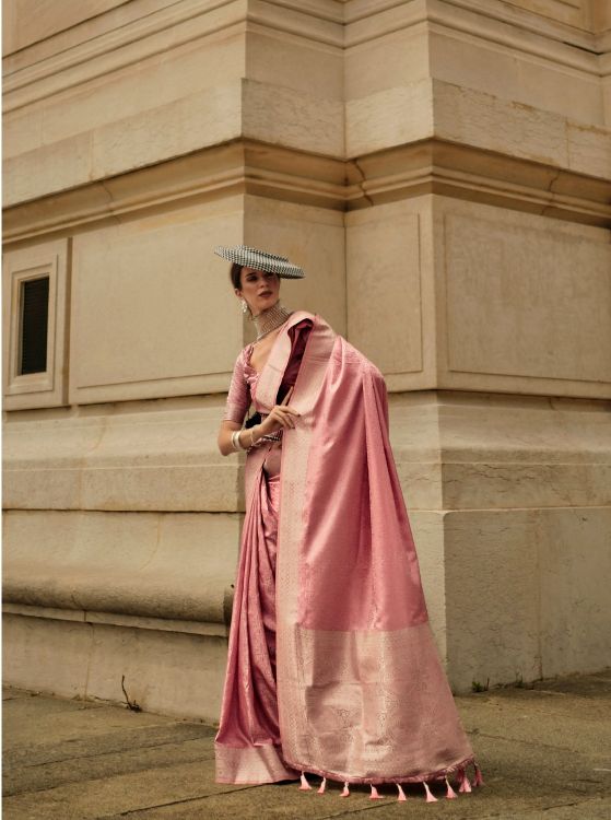 Picture of Comely Handloom Weaving Satin Silk Peach Pink Saree