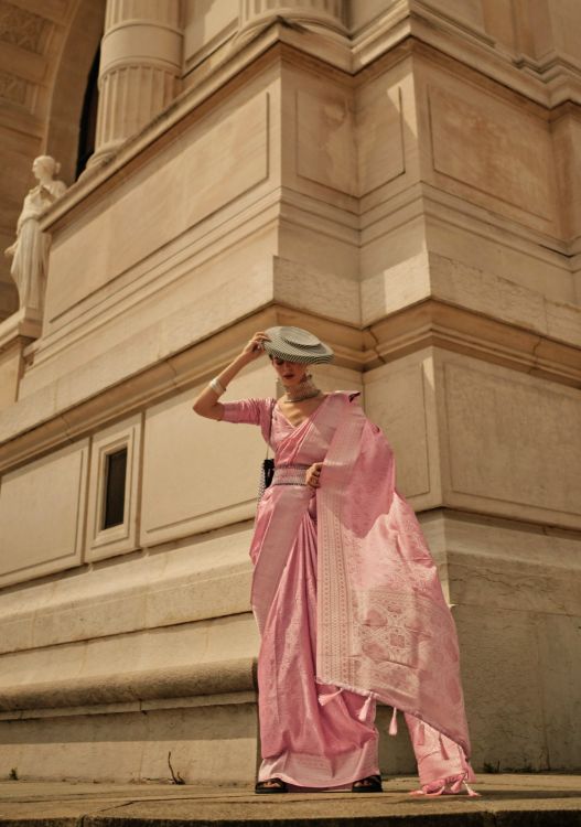 Picture of Comely Handloom Weaving Satin Silk Peach Pink Saree