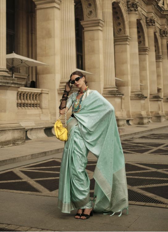 Picture of Bewitching Handloom Weaving Satin Silk Mint  Saree