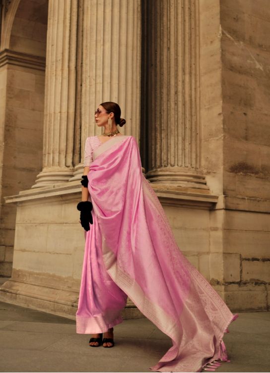 Picture of Bewitching Handloom Weaving Satin Silk Pink Saree