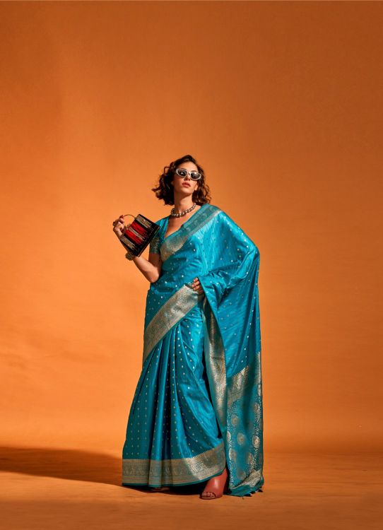 Picture of Good Looking Pure Satin Silk Blue Saree