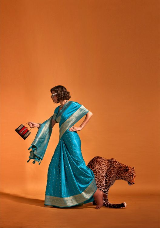 Picture of Good Looking Pure Satin Silk Blue Saree