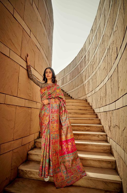 Picture of Pleasing Kashmiri Handloom Weaving Light Brown Saree